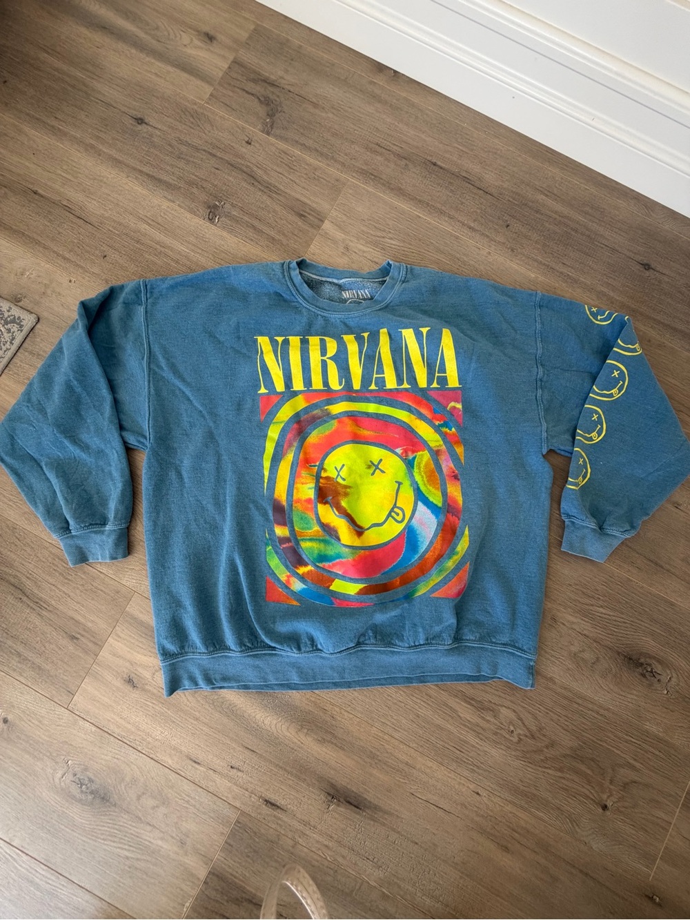 NIRVANA Teal-Blue Crewneck with Multicolor Smiley Graphic